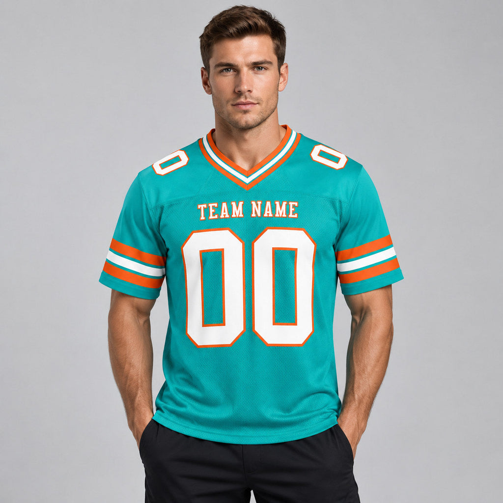 Custom Aqua Authentic Football Jersey with White and Orange Lettering Design 0215 worn by male model