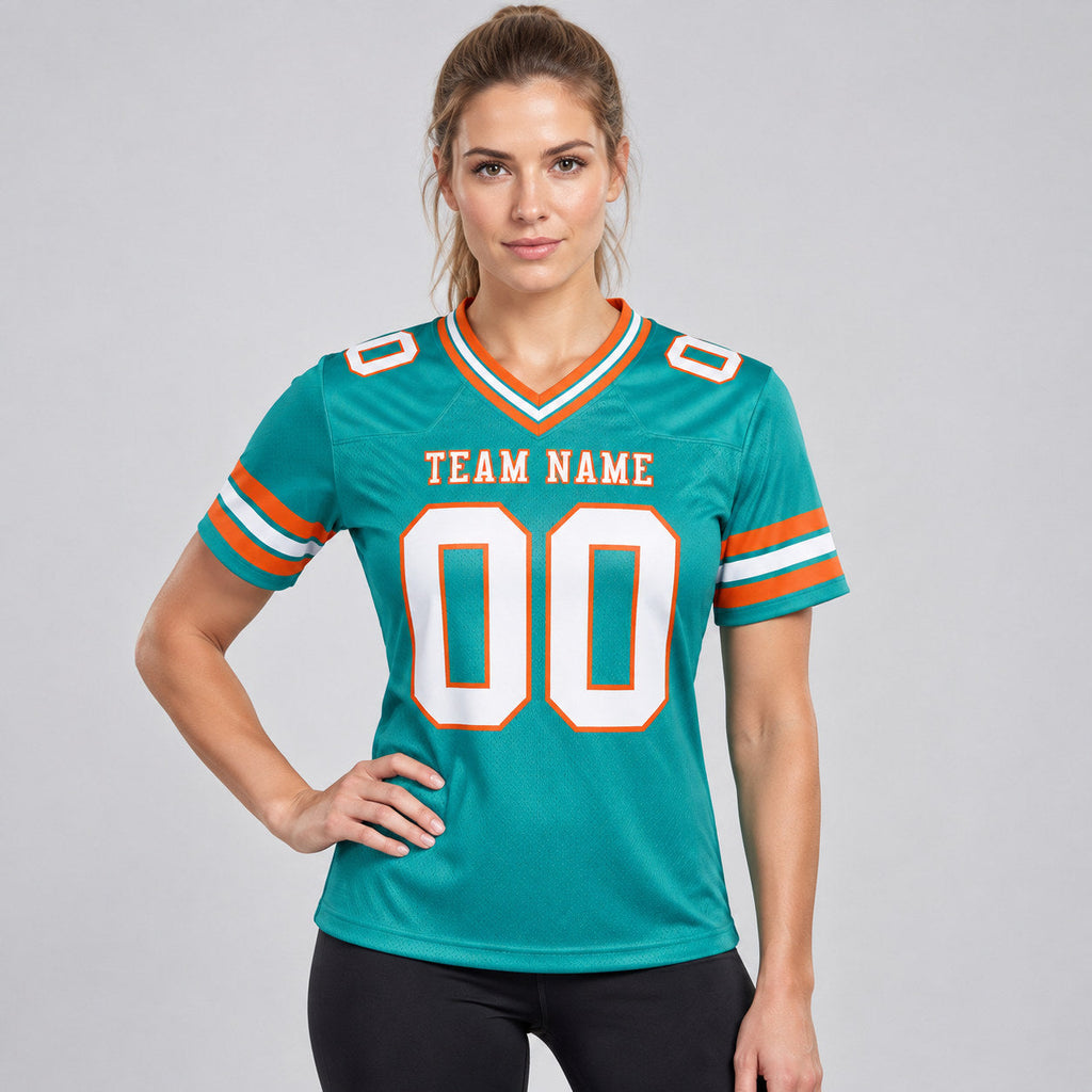 Custom Aqua Authentic Football Jersey with White and Orange Lettering Design 0215 worn by female model