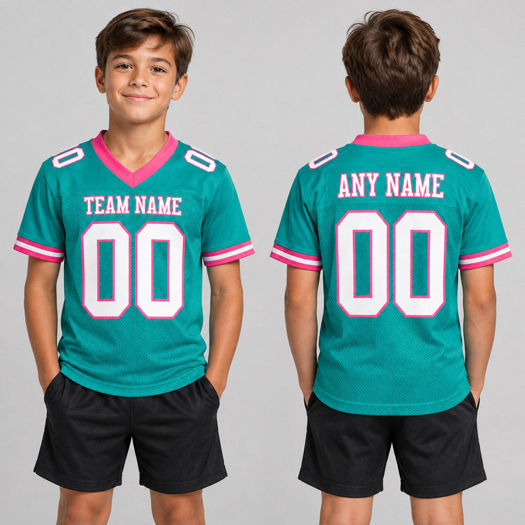 Custom Aqua Mesh Authentic Football Jersey with White and Pink Lettering Design 0179 youth size worn by child model