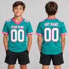 Custom Aqua Mesh Authentic Football Jersey with White and Pink Lettering Design 0179 youth size worn by child model