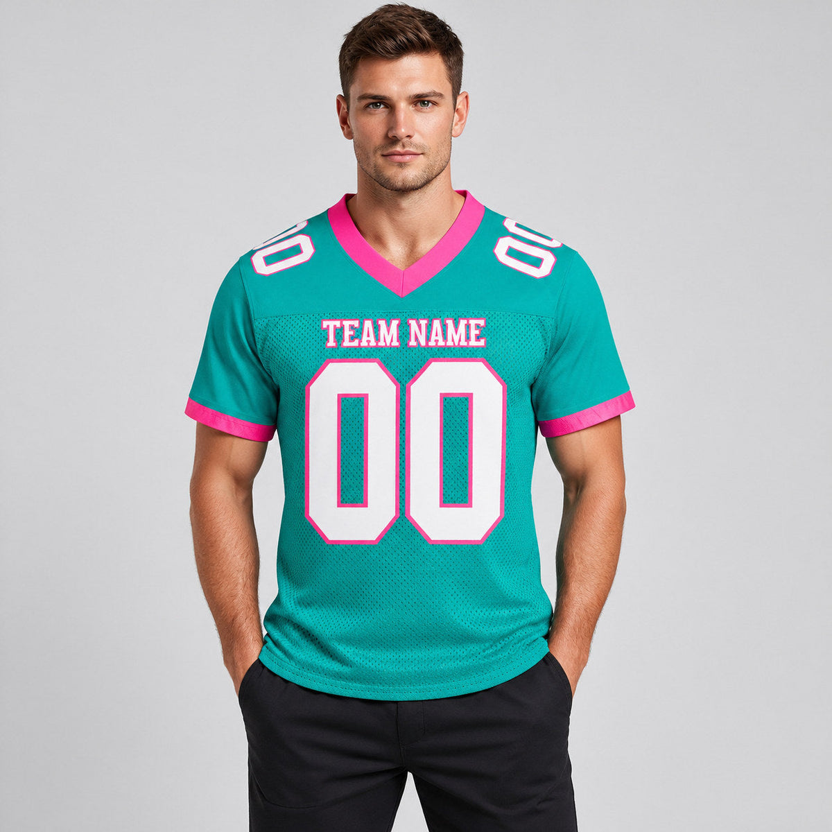 Custom Aqua Mesh Authentic Football Jersey with White and Pink Lettering Design 0179 worn by male model