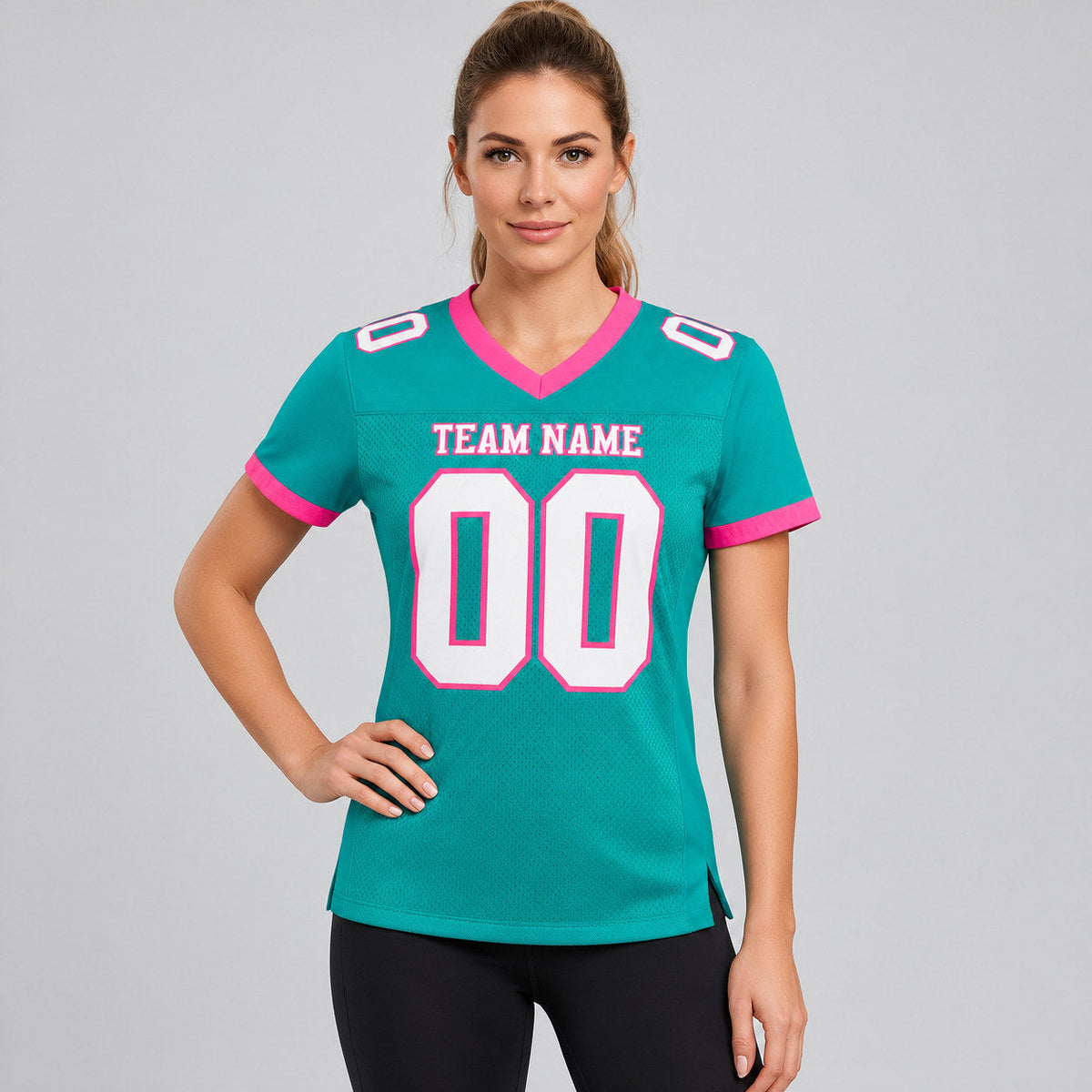 Custom Aqua Mesh Authentic Football Jersey with White and Pink Lettering Design 0179 worn by female model