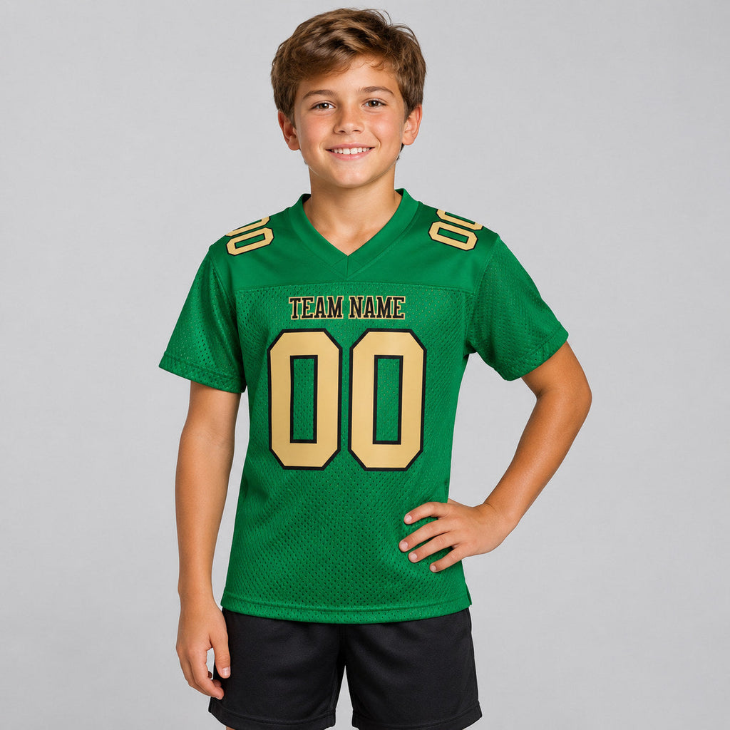 Custom Kelly Green Mesh Authentic Football Jersey with Old Gold and Black Lettering Design 0316 youth size worn by child model