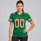 Custom Kelly Green Mesh Authentic Football Jersey with Old Gold and Black Lettering Design 0316 worn by female model