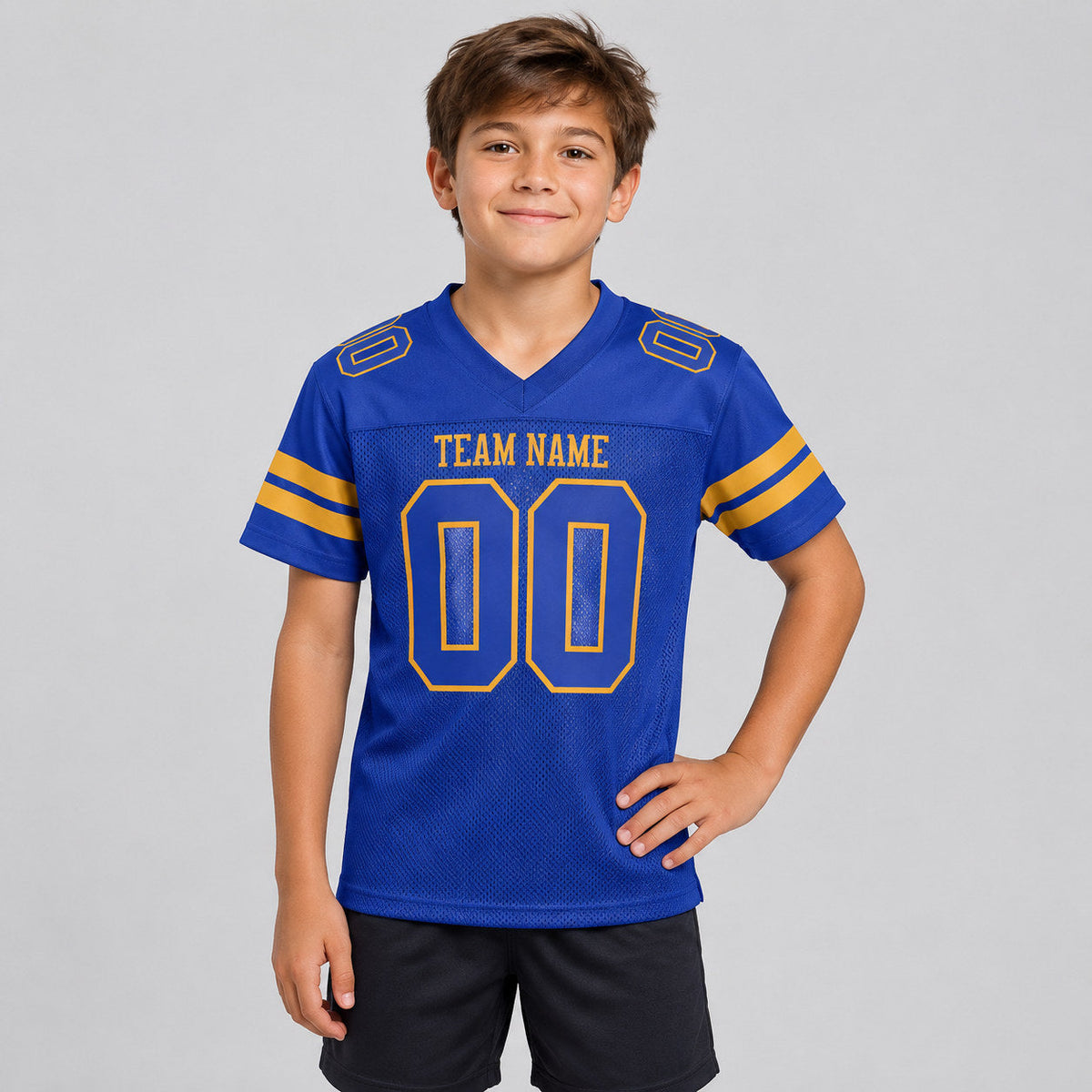 Custom Royal Mesh Authentic Football Jersey with Royal and Old Gold Lettering youth size worn by child model