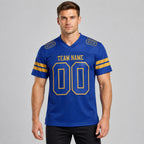 Custom Royal Mesh Authentic Football Jersey with Royal and Old Gold Lettering worn by male model