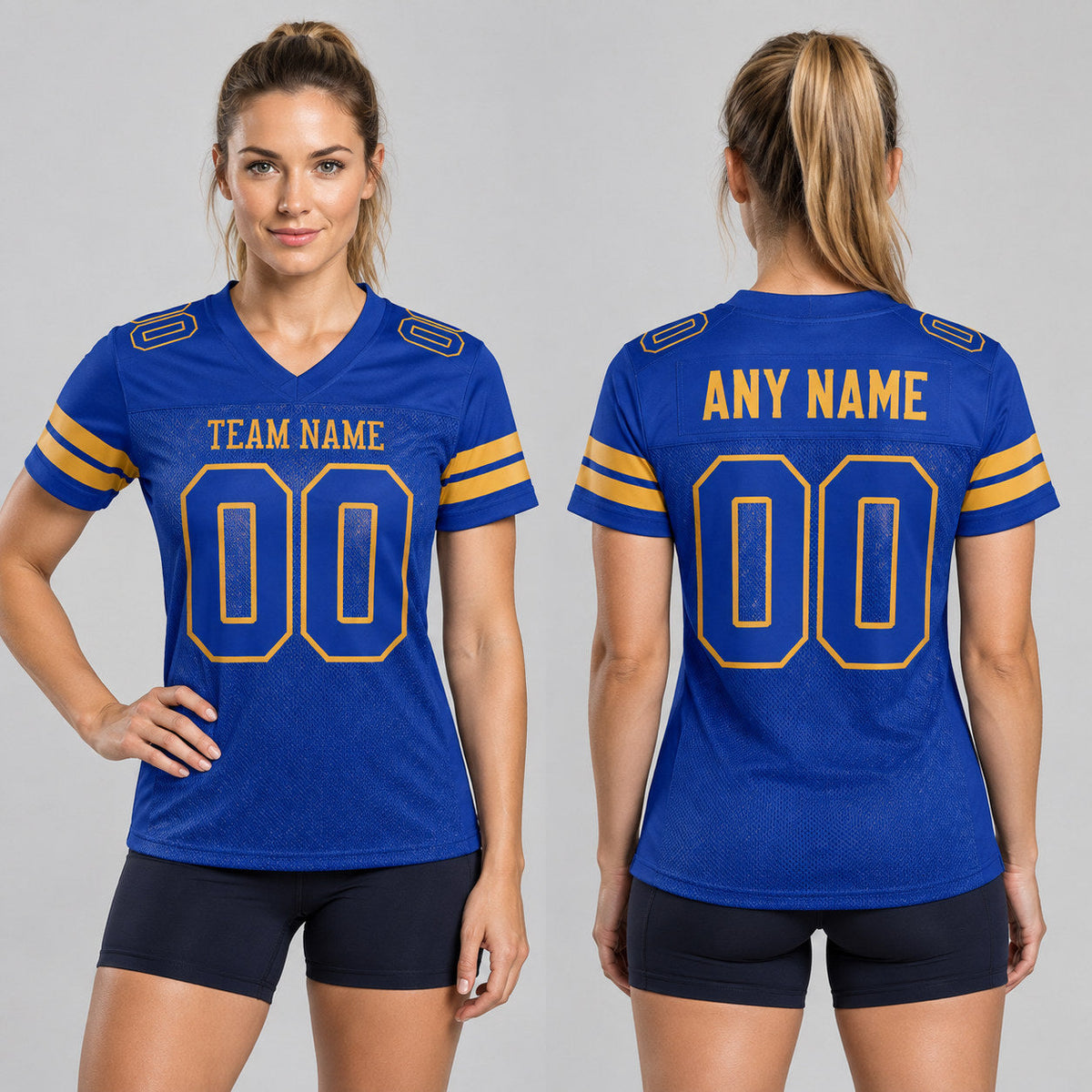 Custom Royal Mesh Authentic Football Jersey with Royal and Old Gold Lettering worn by female model