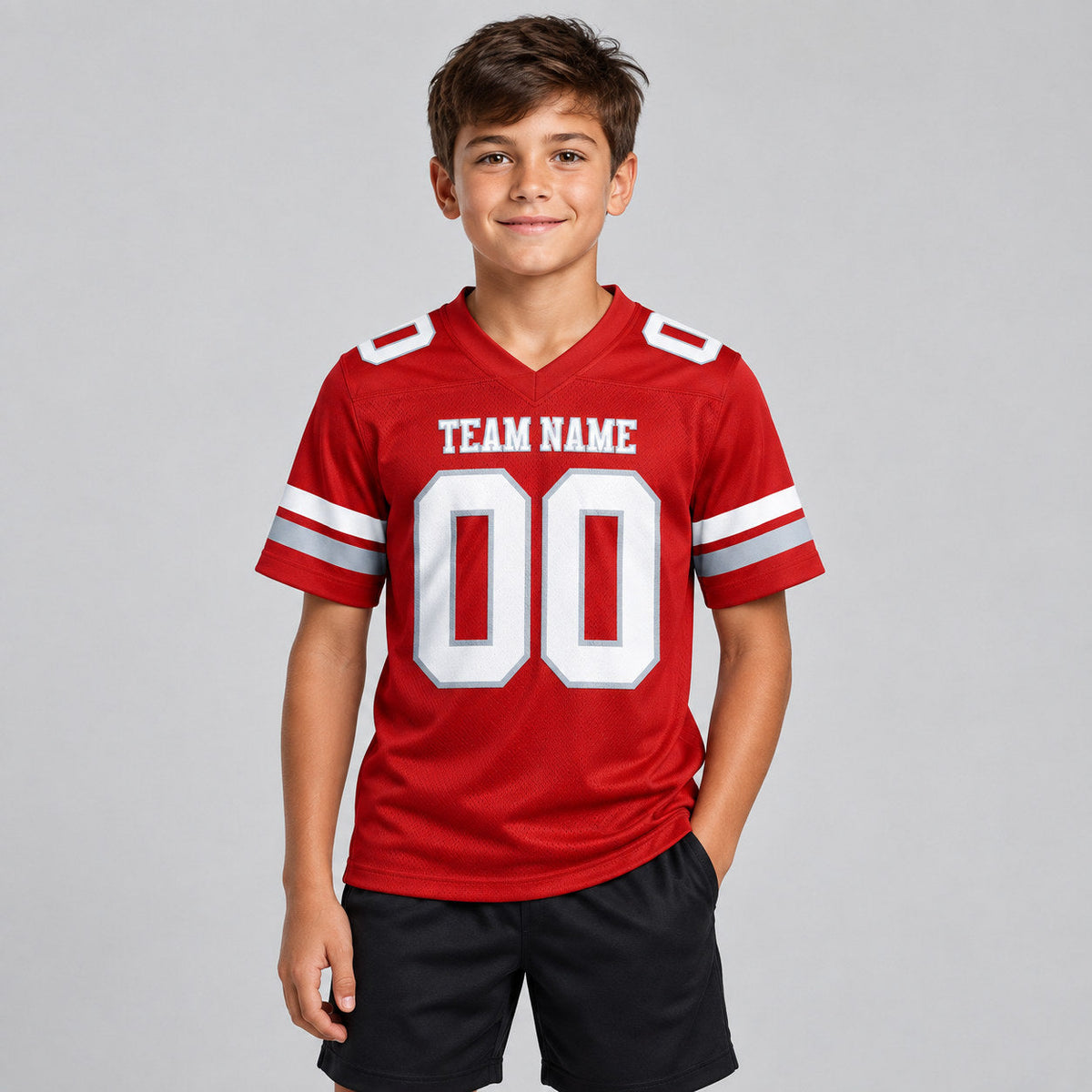 Custom Red Authentic Football Jersey with White and Gray Lettering Design 0896 youth size worn by child model