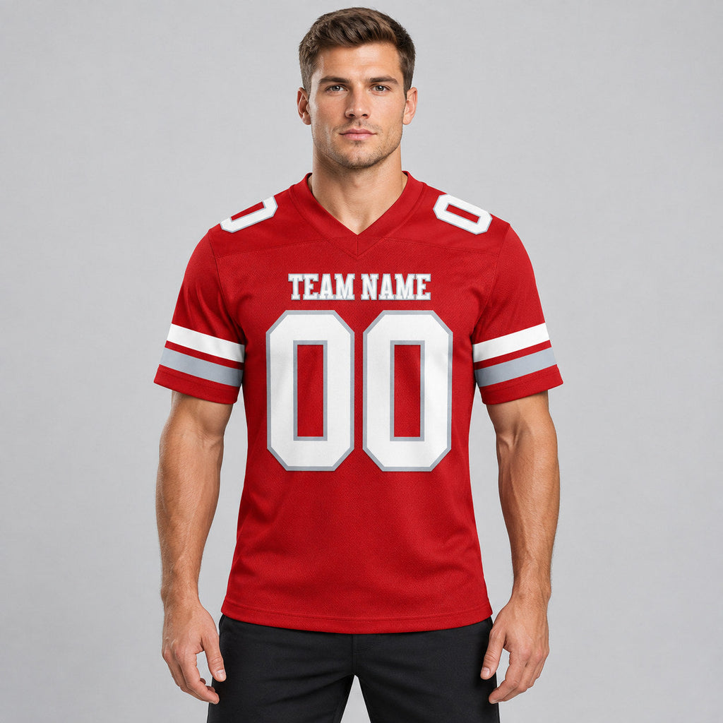 Custom Red Authentic Football Jersey with White and Gray Lettering Design 0896 worn by male model