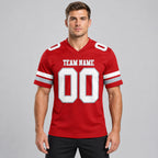 Custom Red Authentic Football Jersey with White and Gray Lettering Design 0896 worn by male model