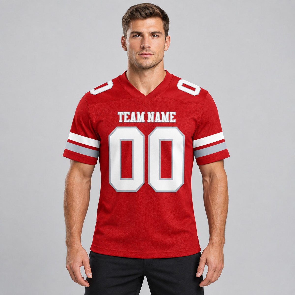 Custom Red Authentic Football Jersey with White and Gray Lettering Design 0896 worn by male model