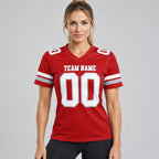 Custom Red Authentic Football Jersey with White and Gray Lettering Design 0896 worn by female model
