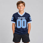 Custom Navy Mesh Authentic Football Jersey with Light Blue and White Lettering Design 0906 youth size worn by child model