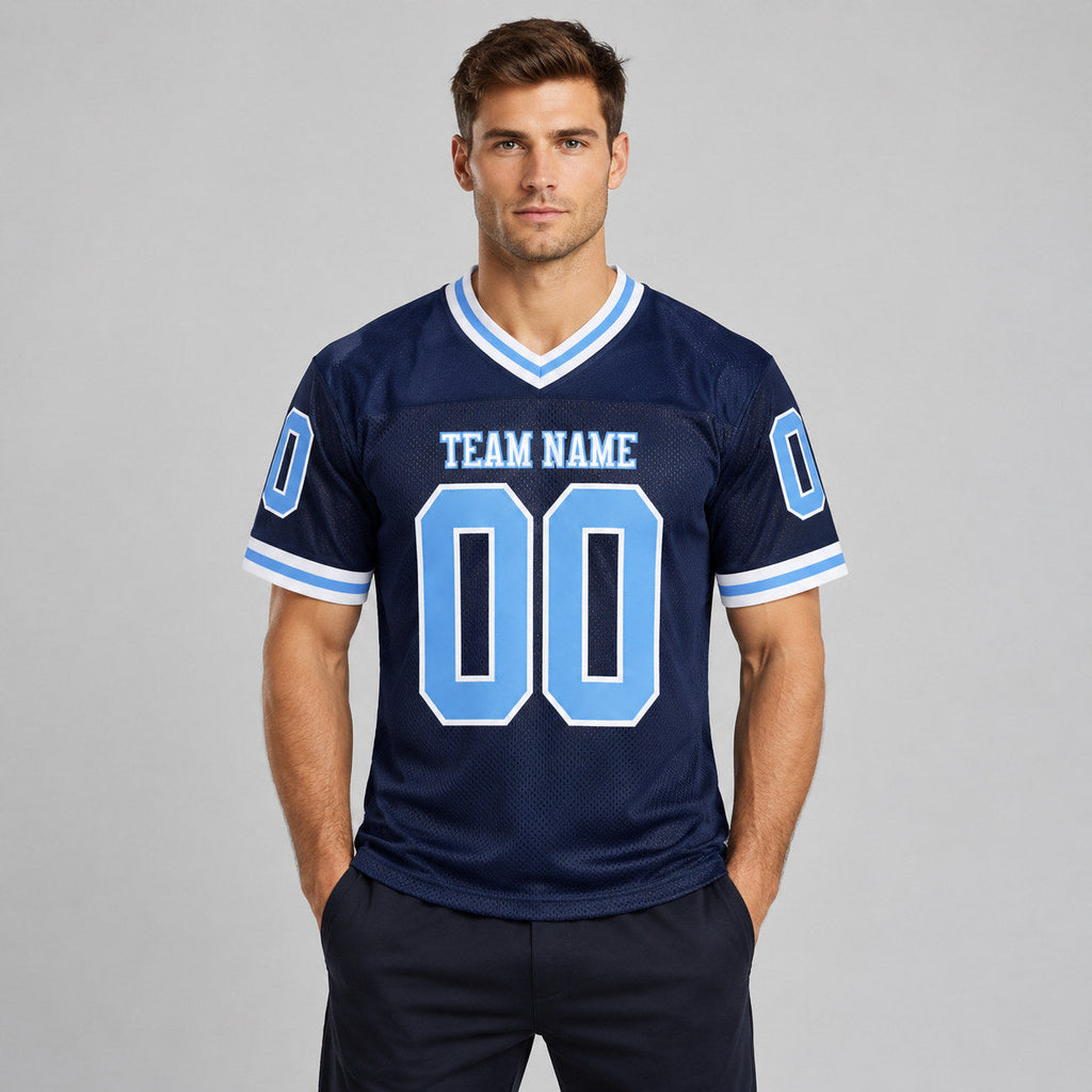 Custom Navy Mesh Authentic Football Jersey with Light Blue and White Lettering Design 0906 worn by male model