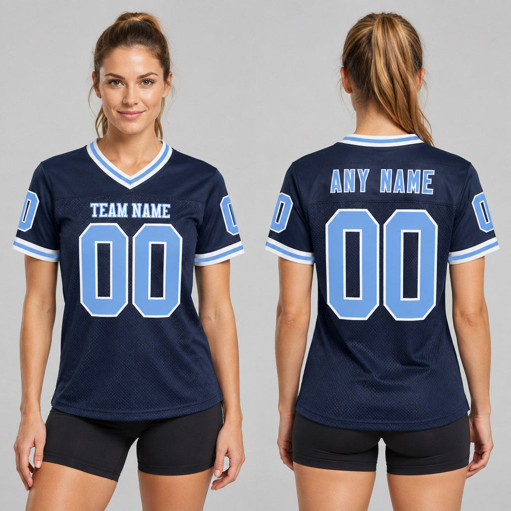 Custom Navy Mesh Authentic Football Jersey with Light Blue and White Lettering Design 0906 worn by female model
