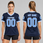 Custom Navy Mesh Authentic Football Jersey with Light Blue and White Lettering Design 0906 worn by female model