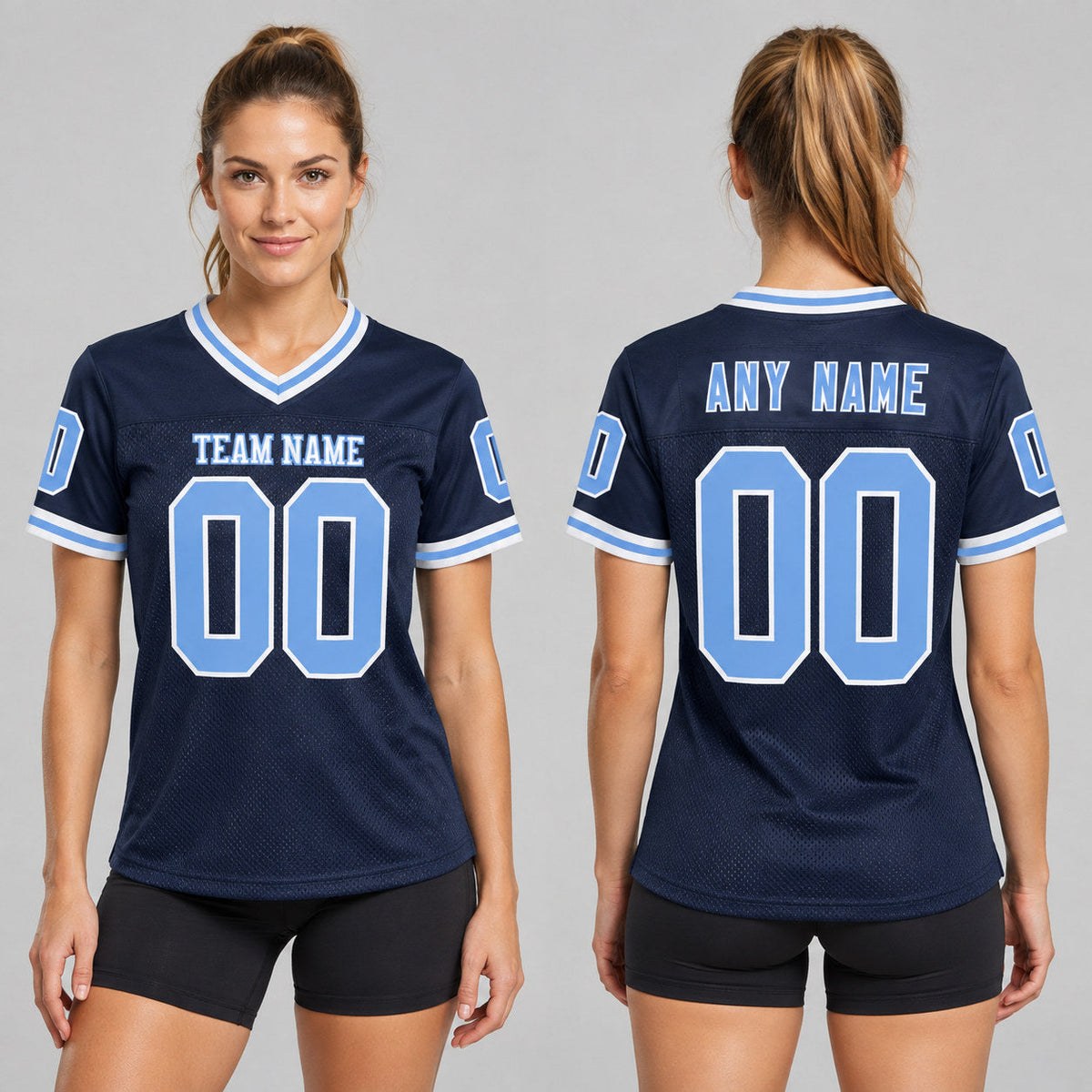 Custom Navy Mesh Authentic Football Jersey with Light Blue and White Lettering Design 0906 worn by female model