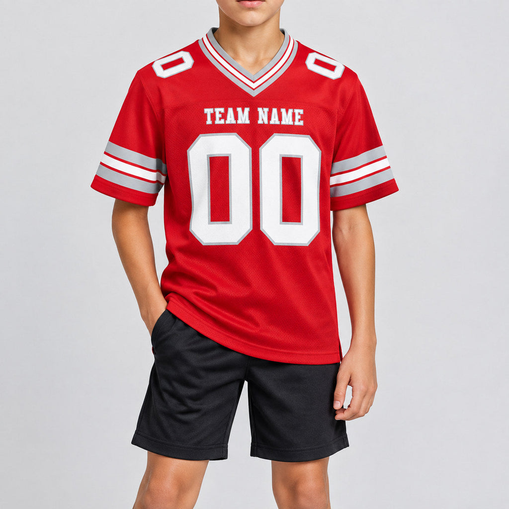 Custom Red Authentic Football Jersey with White and Gray Lettering Design 0668 youth size worn by child model