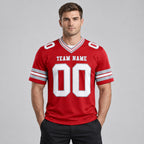 Custom Red Authentic Football Jersey with White and Gray Lettering Design 0668 worn by male model
