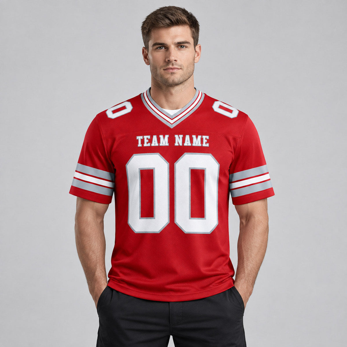 Custom Red Authentic Football Jersey with White and Gray Lettering Design 0668 worn by male model