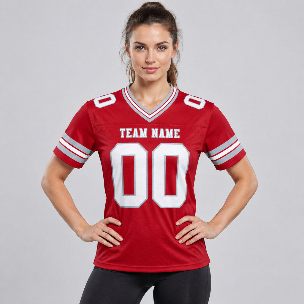 Custom Red Authentic Football Jersey with White and Gray Lettering Design 0668 worn by female model
