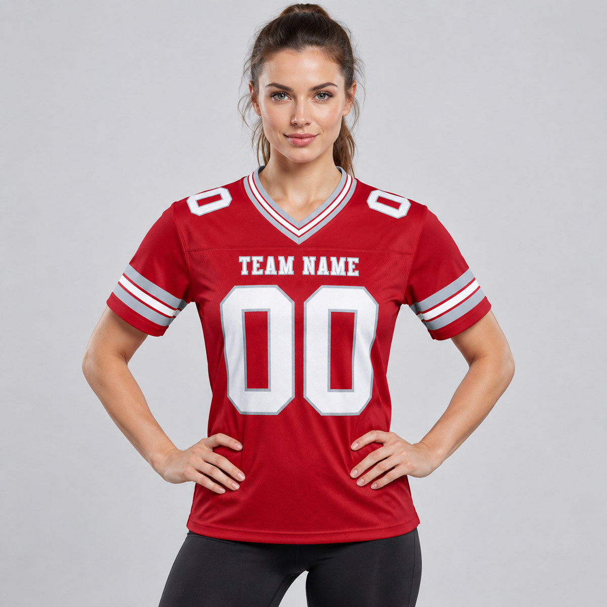 Custom Red Authentic Football Jersey with White and Gray Lettering Design 0668 worn by female model