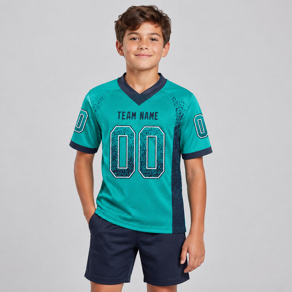 Custom Aqua Drift Football Jersey with Navy and White Lettering youth size worn by child model