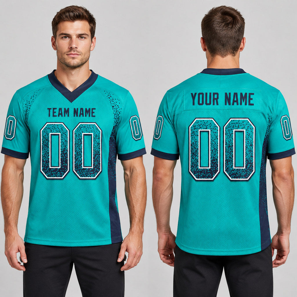 Custom Aqua Drift Football Jersey with Navy and White Lettering worn by male model