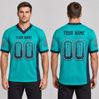 Custom Aqua Drift Football Jersey with Navy and White Lettering worn by male model