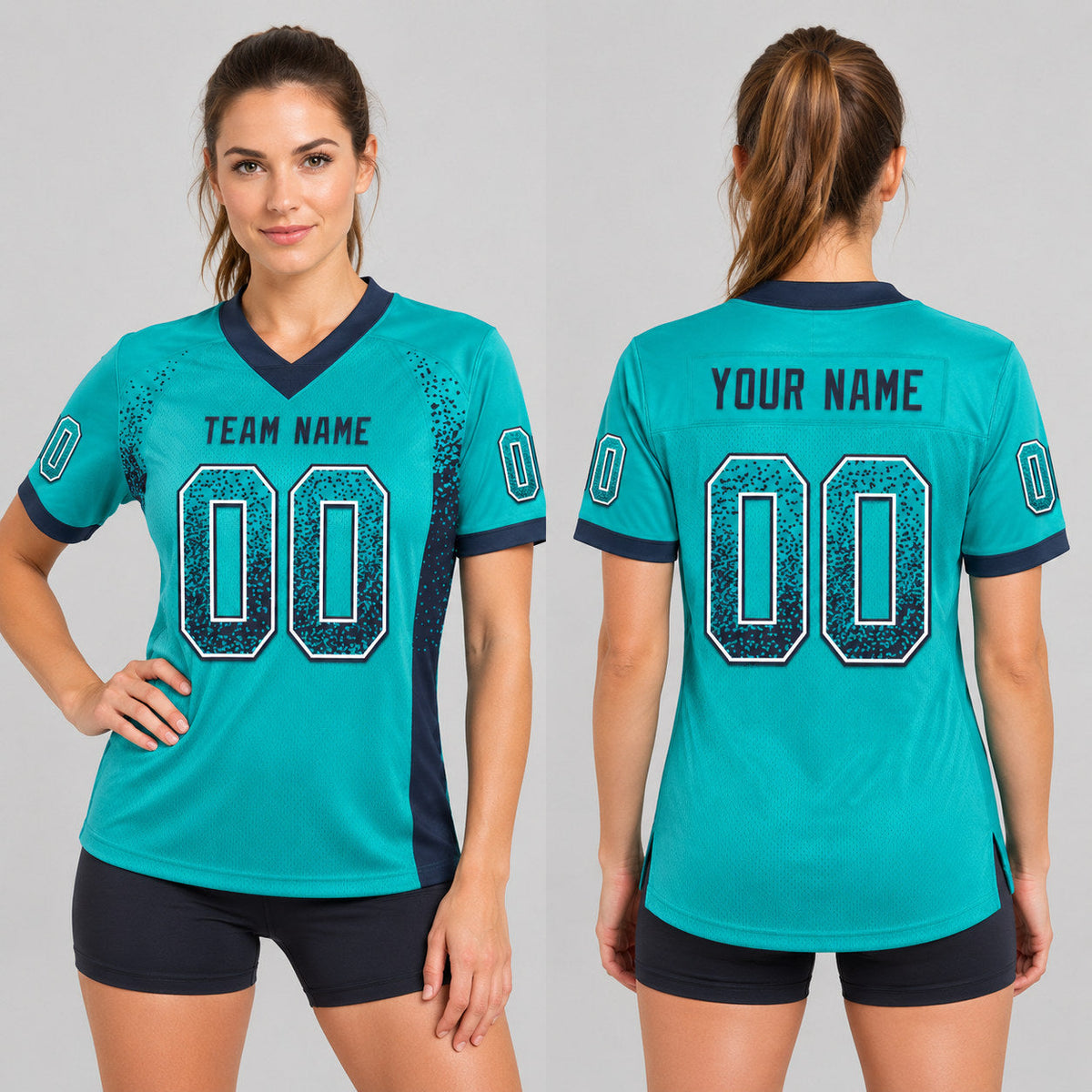 Custom Aqua Drift Football Jersey with Navy and White Lettering worn by female model