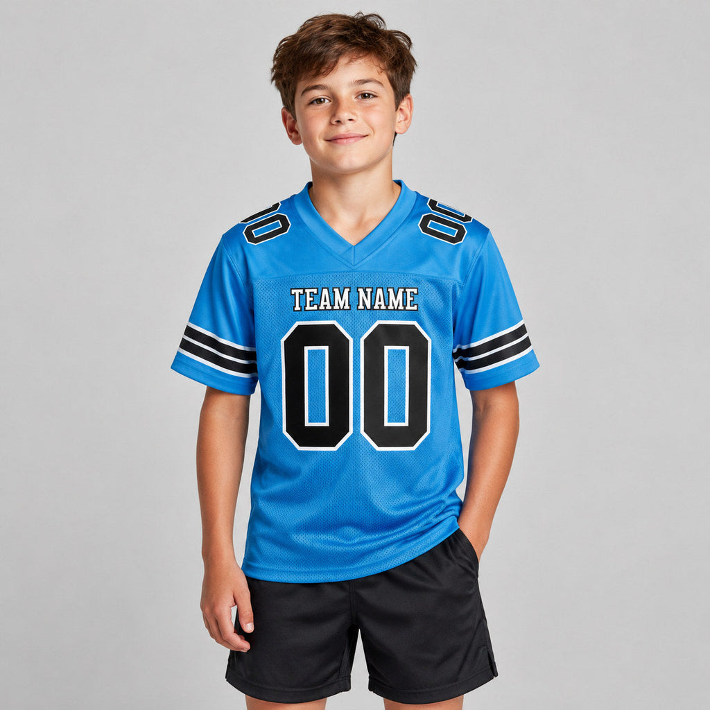 Custom Powder Blue Mesh Authentic Football Jersey with Black and White Lettering Design 0178 youth size worn by child model