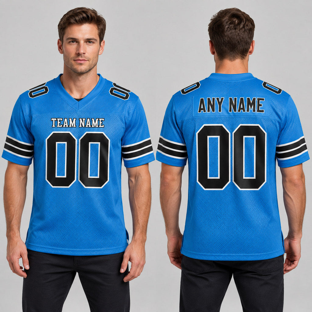 Custom Powder Blue Mesh Authentic Football Jersey with Black and White Lettering Design 0178 worn by male model