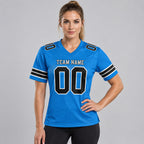 Custom Powder Blue Mesh Authentic Football Jersey with Black and White Lettering Design 0178 worn by female model