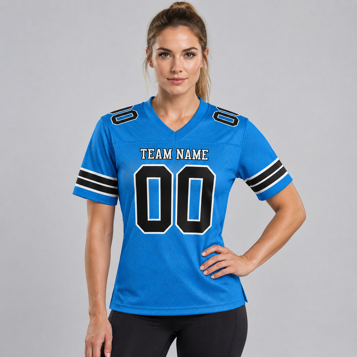 Custom Powder Blue Mesh Authentic Football Jersey with Black and White Lettering Design 0178 worn by female model