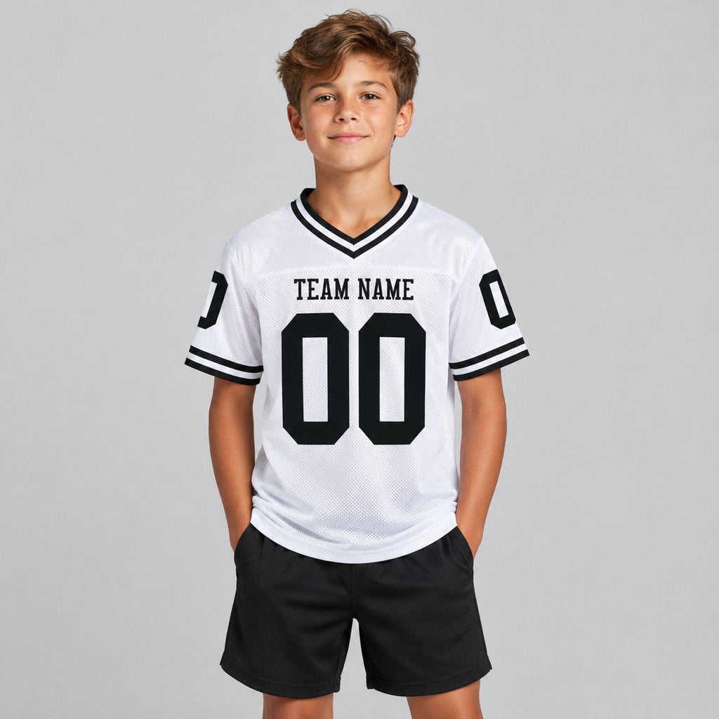 Custom White Mesh Authentic Football Jersey with Black Lettering Design 1891 youth size worn by child model