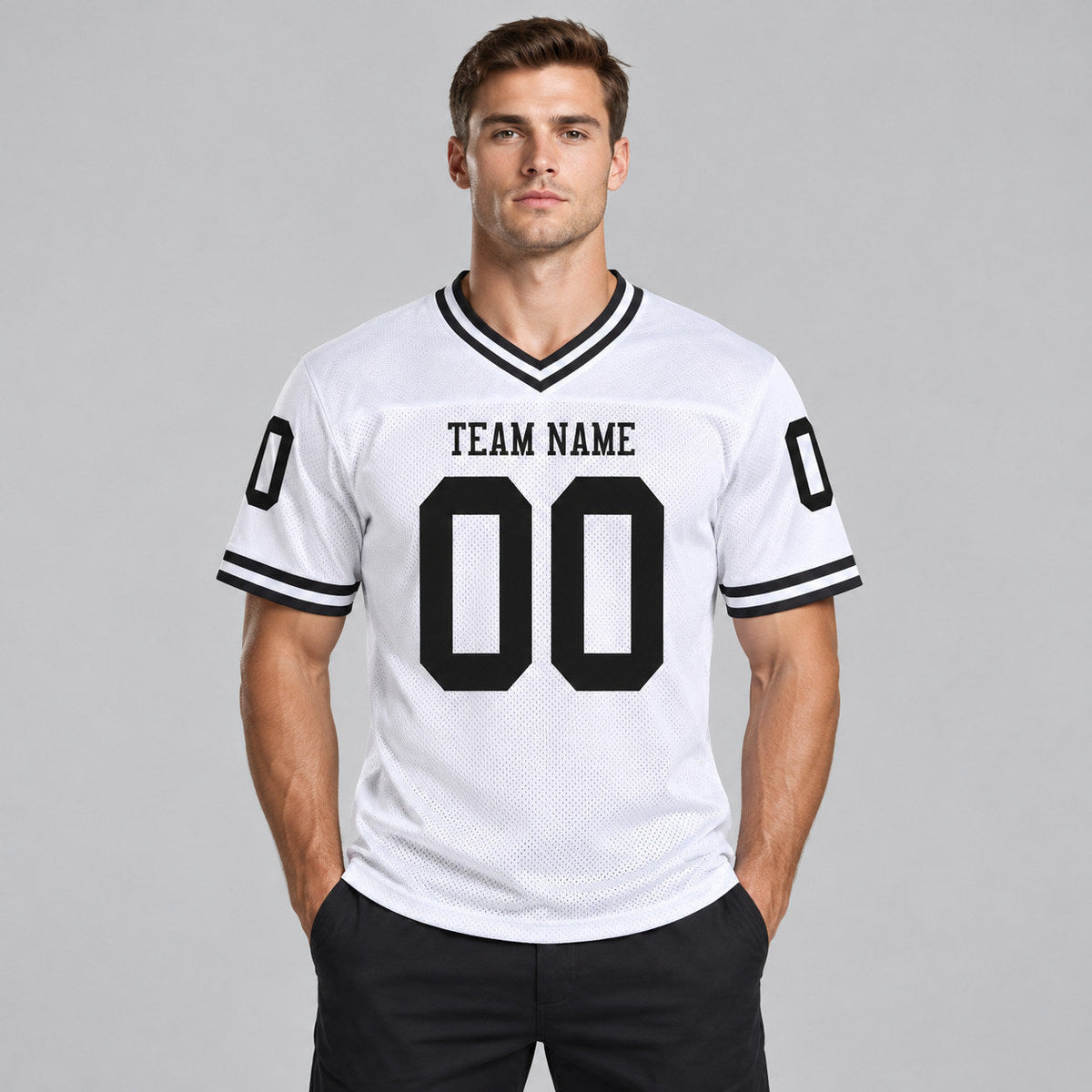 Custom White Mesh Authentic Football Jersey with Black Lettering Design 1891 worn by male model
