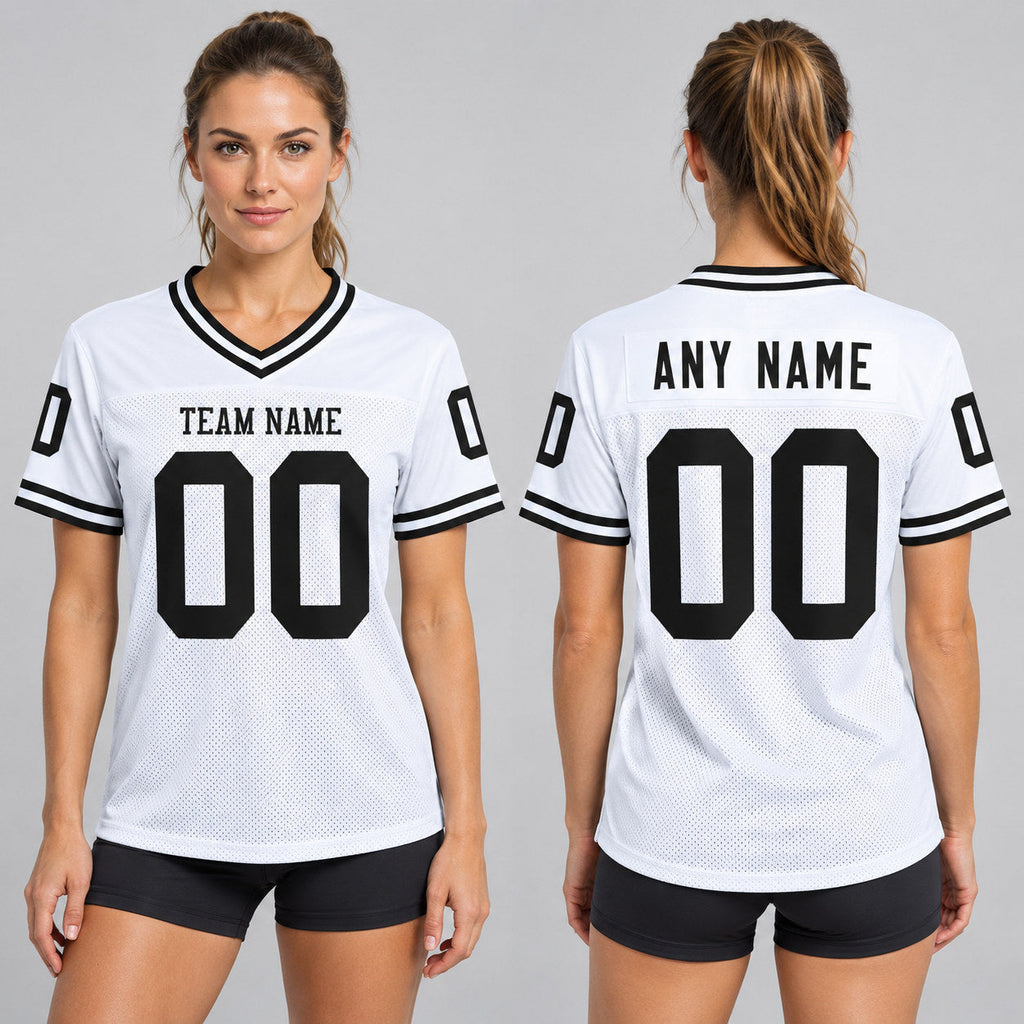 Custom White Mesh Authentic Football Jersey with Black Lettering Design 1891 worn by female model