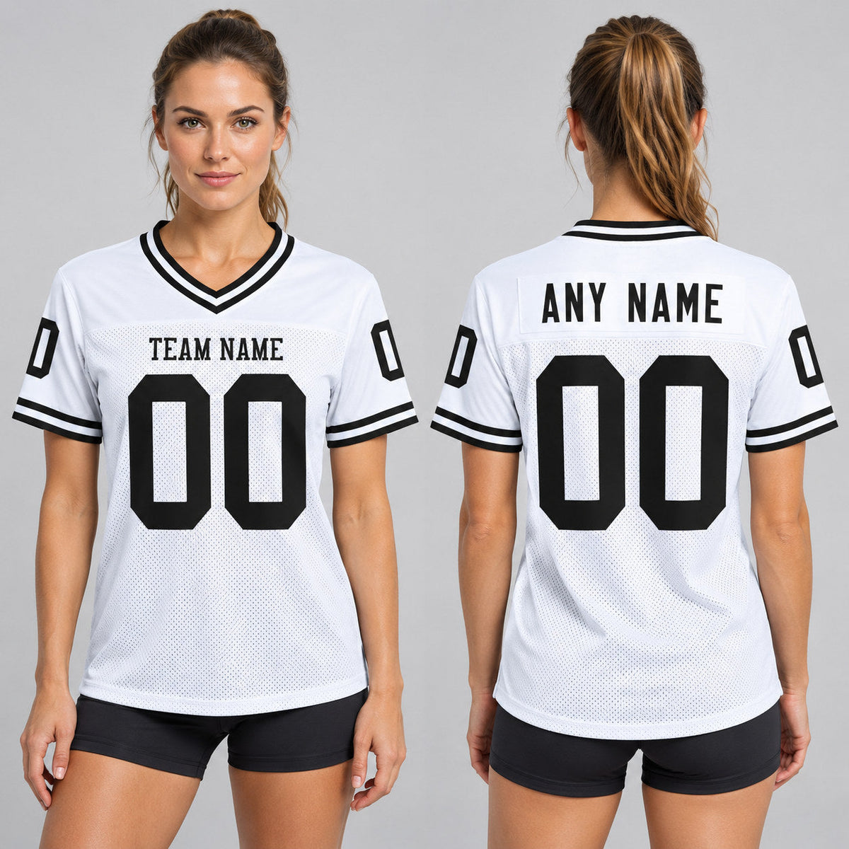 Custom White Mesh Authentic Football Jersey with Black Lettering Design 1891 worn by female model
