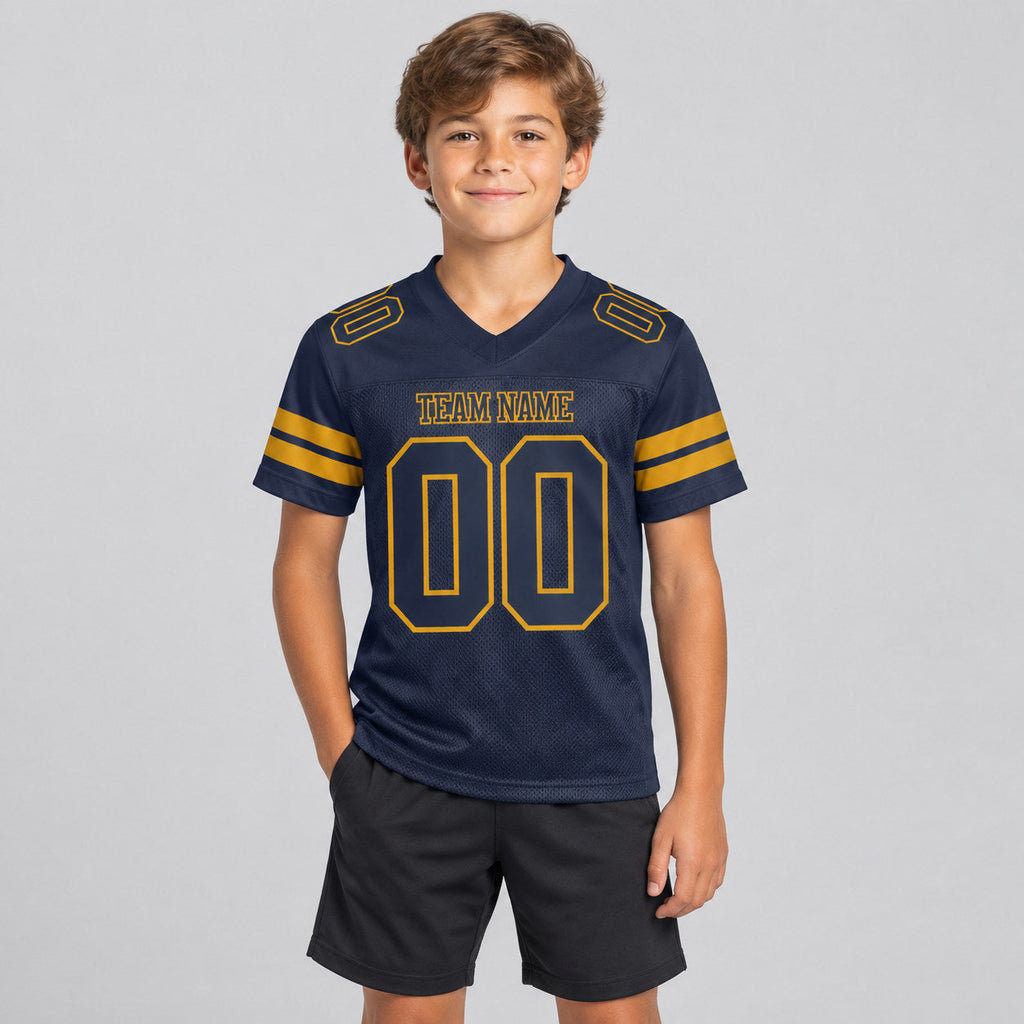 Custom Navy Mesh Authentic Football Jersey with Navy and Old Gold Lettering youth size worn by child model