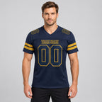 Custom Navy Mesh Authentic Football Jersey with Navy and Old Gold Lettering worn by male model