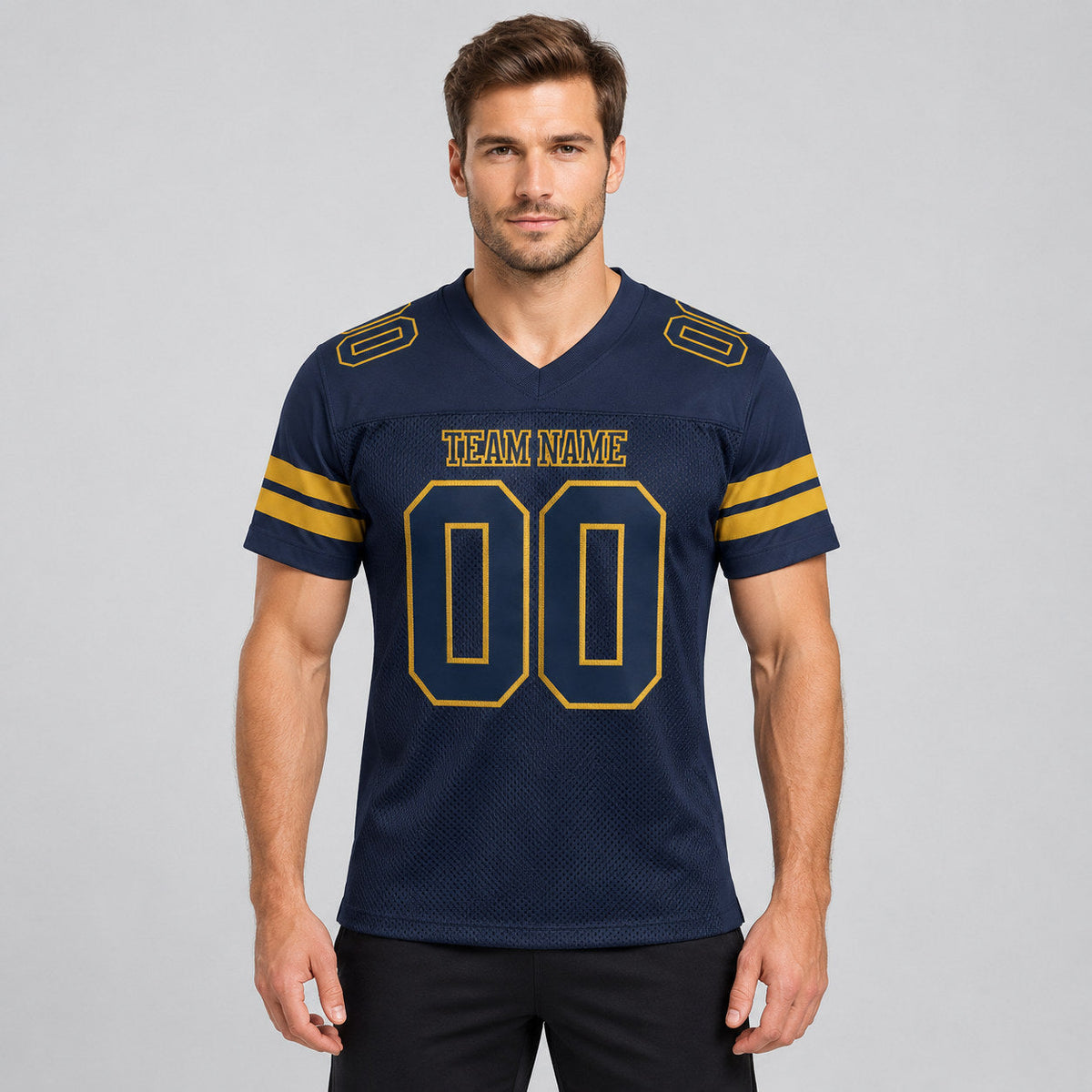 Custom Navy Mesh Authentic Football Jersey with Navy and Old Gold Lettering worn by male model