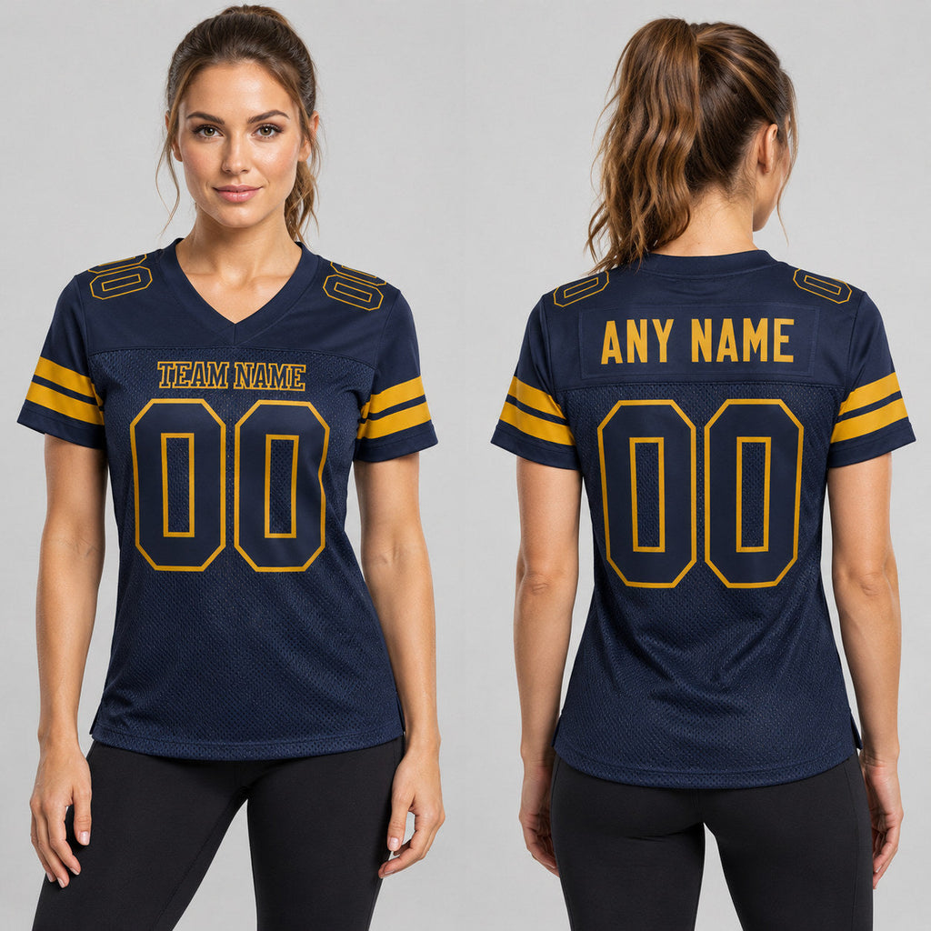 Custom Navy Mesh Authentic Football Jersey with Navy and Old Gold Lettering worn by female model