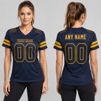 Custom Navy Mesh Authentic Football Jersey with Navy and Old Gold Lettering worn by female model