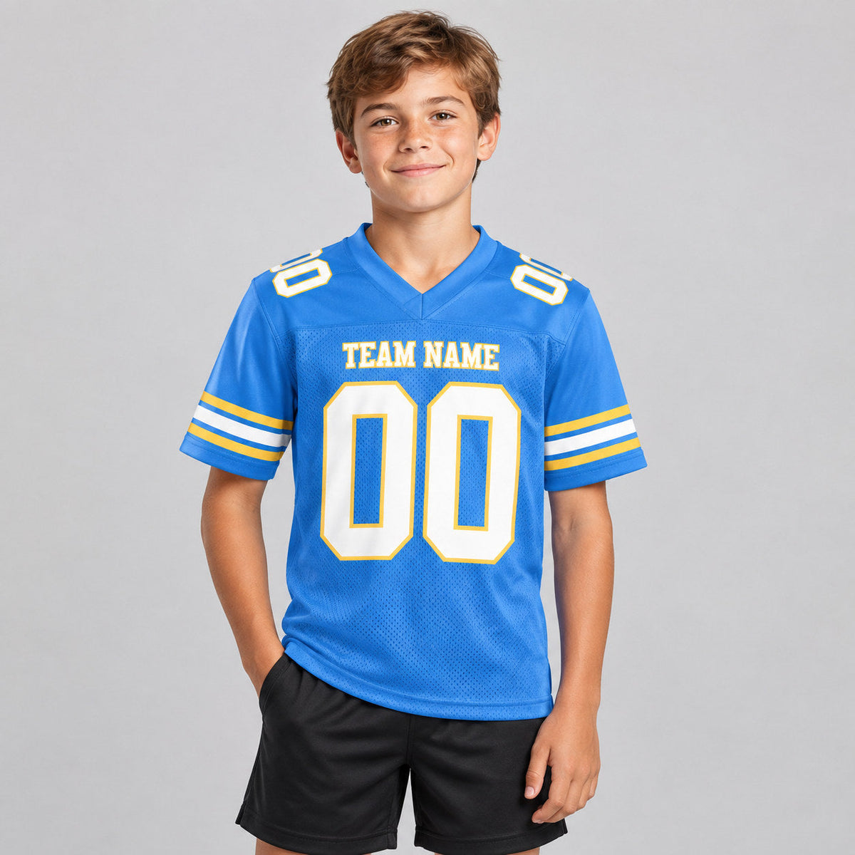 Custom Powder Blue Mesh Authentic Football Jersey with White and Gold Lettering Design 0172 youth size worn by child model