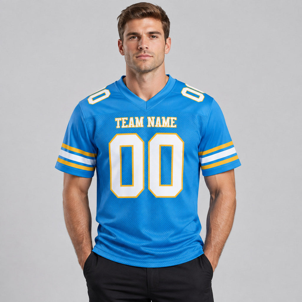 Custom Powder Blue Mesh Authentic Football Jersey with White and Gold Lettering Design 0172 worn by male model