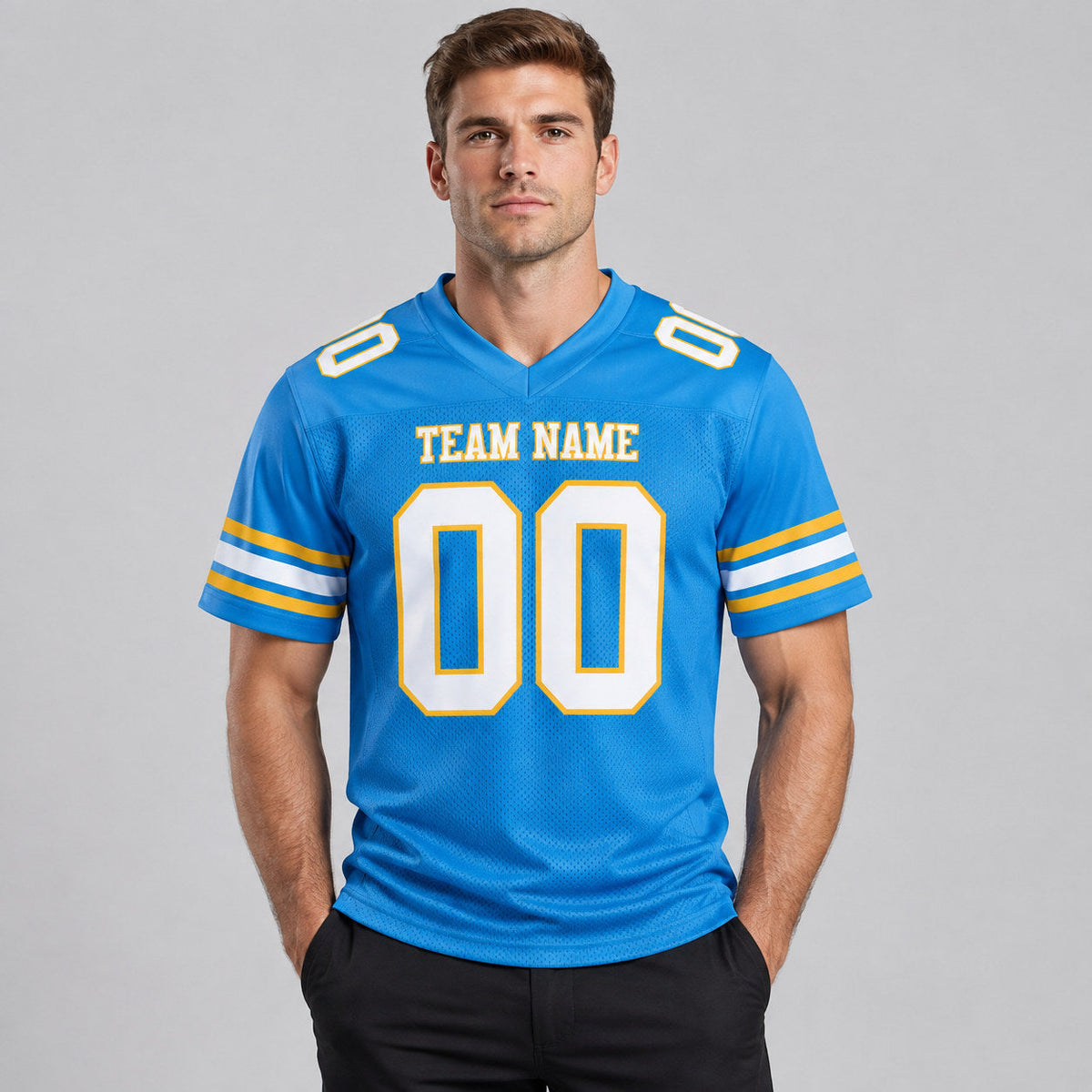 Custom Powder Blue Mesh Authentic Football Jersey with White and Gold Lettering Design 0172 worn by male model