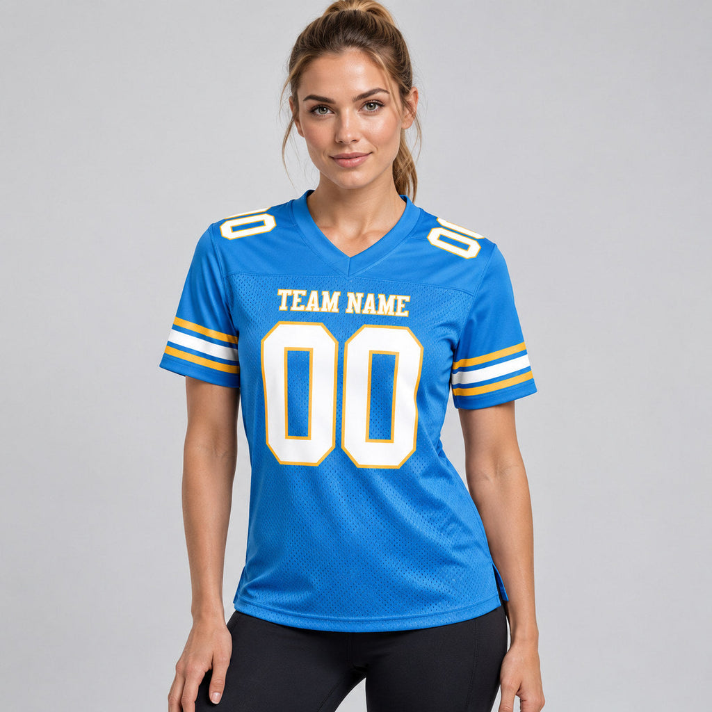 Custom Powder Blue Mesh Authentic Football Jersey with White and Gold Lettering Design 0172 worn by female model