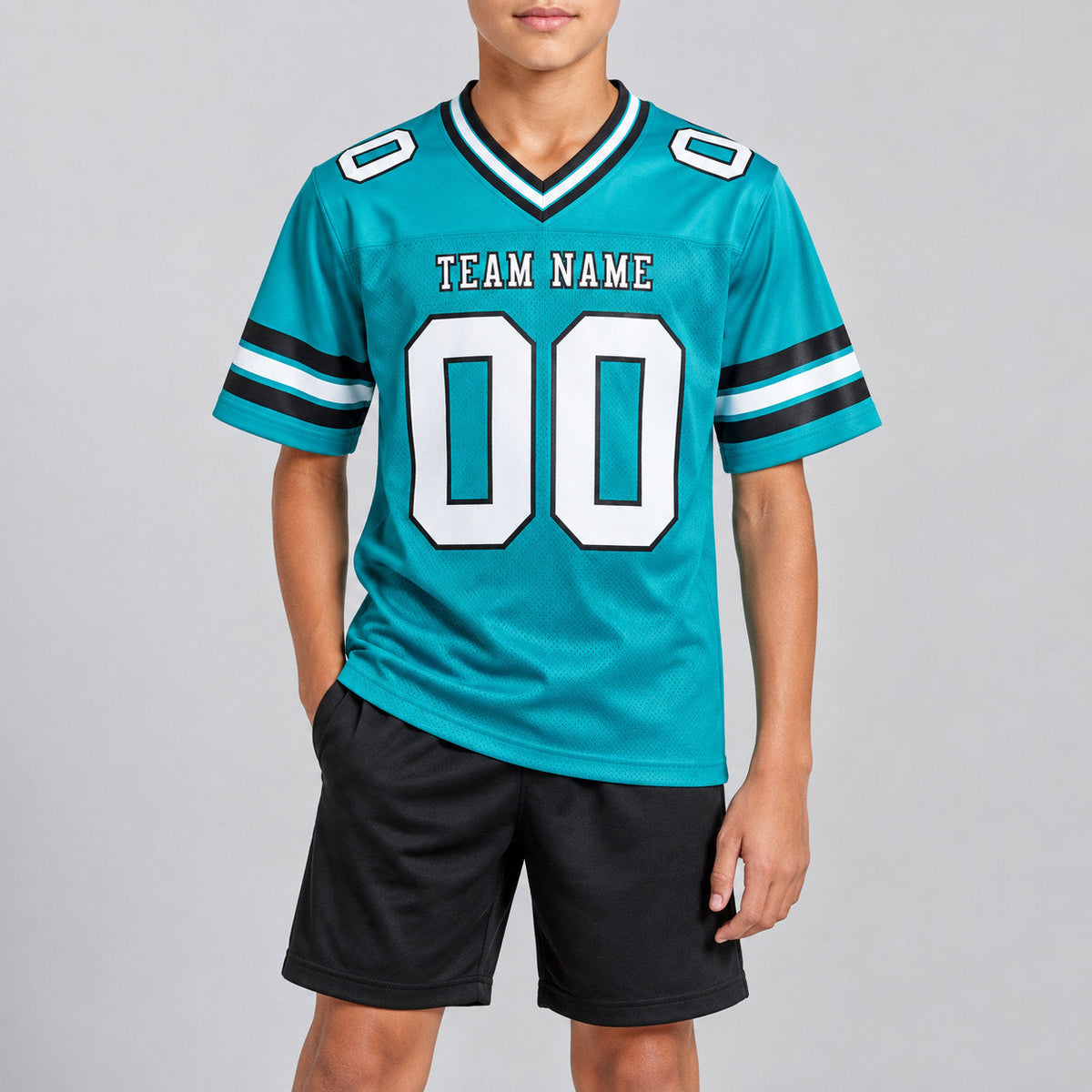 Custom Aqua Authentic Football Jersey with White and Black Lettering Design 0219 youth size worn by child model