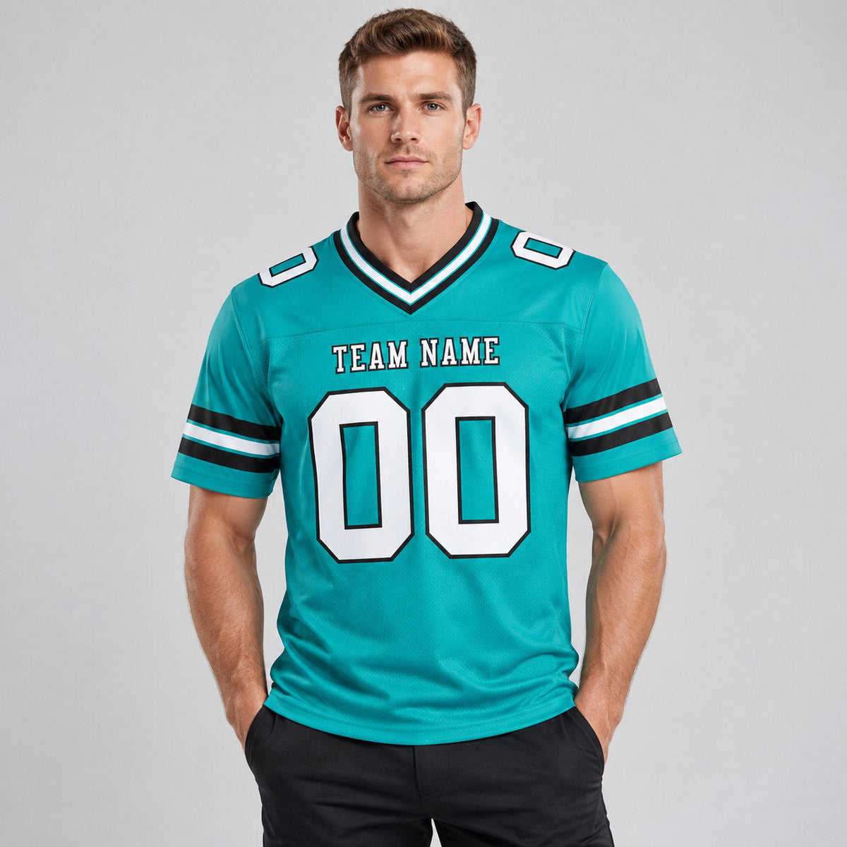Custom Aqua Authentic Football Jersey with White and Black Lettering Design 0219 worn by male model