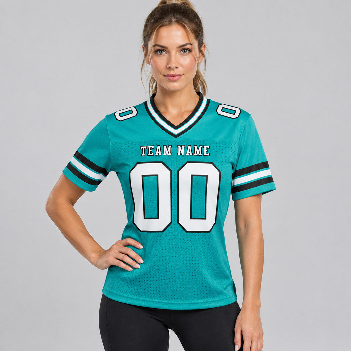 Custom Aqua Authentic Football Jersey with White and Black Lettering Design 0219 worn by female model